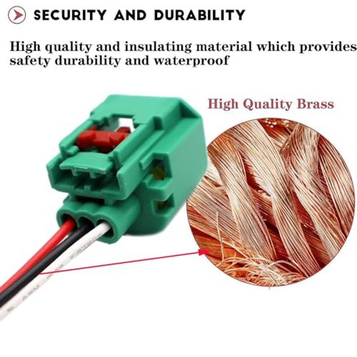 Green headlight connector with red/black wires; inset shows copper/brass strands