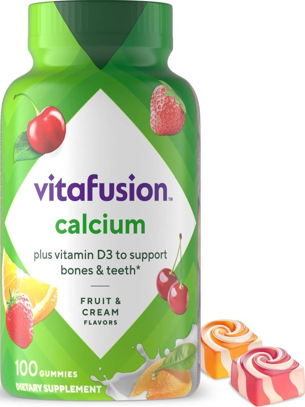 Vitafusion Calcium gummies bottle, fruit & cream flavors, 100 gummies, dietary supplement.