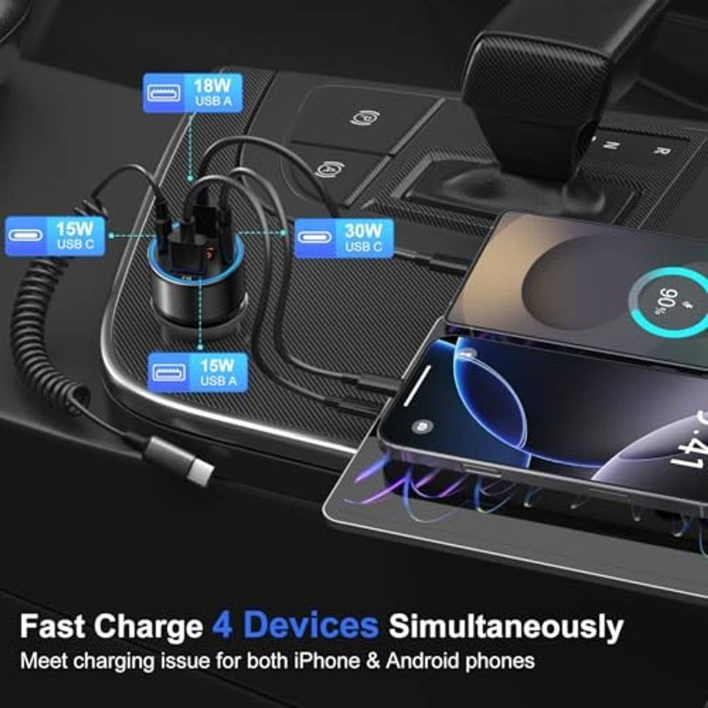 Multiport car charger showing several USB-A and USB-C charging outputs