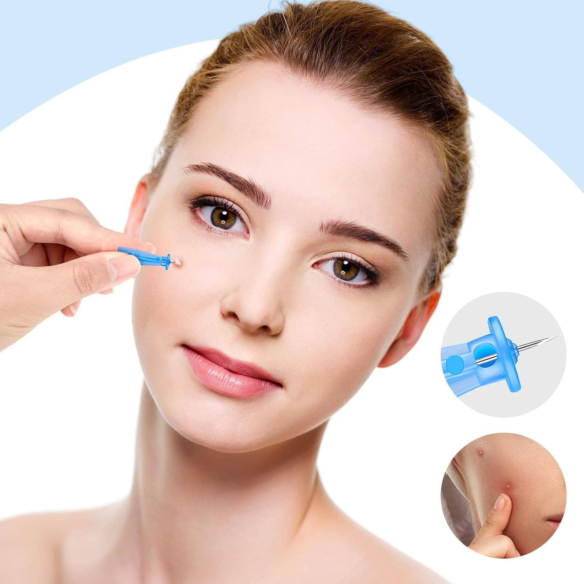 Person holding a blue acne lancet near the cheek for spot use