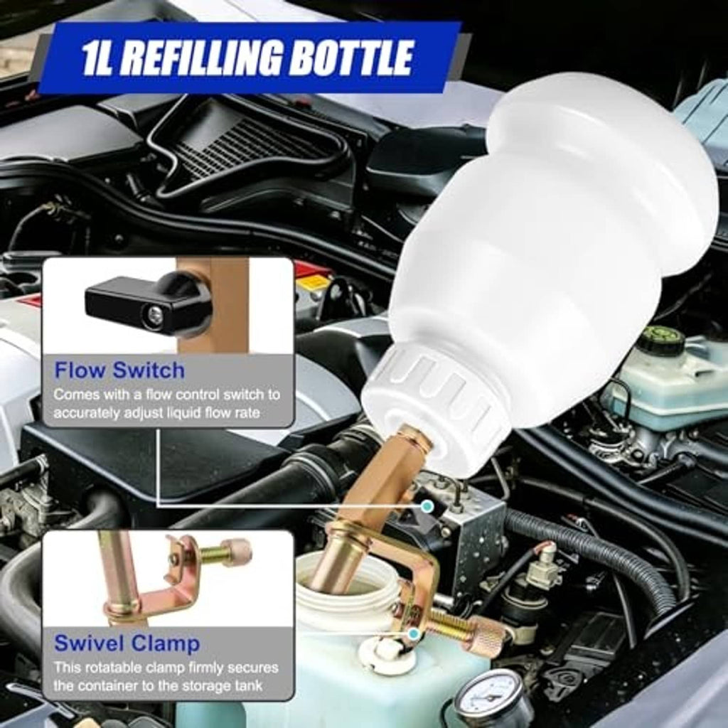 1L refilling bottle with clear white reservoir and brass valve adapter for engine bay