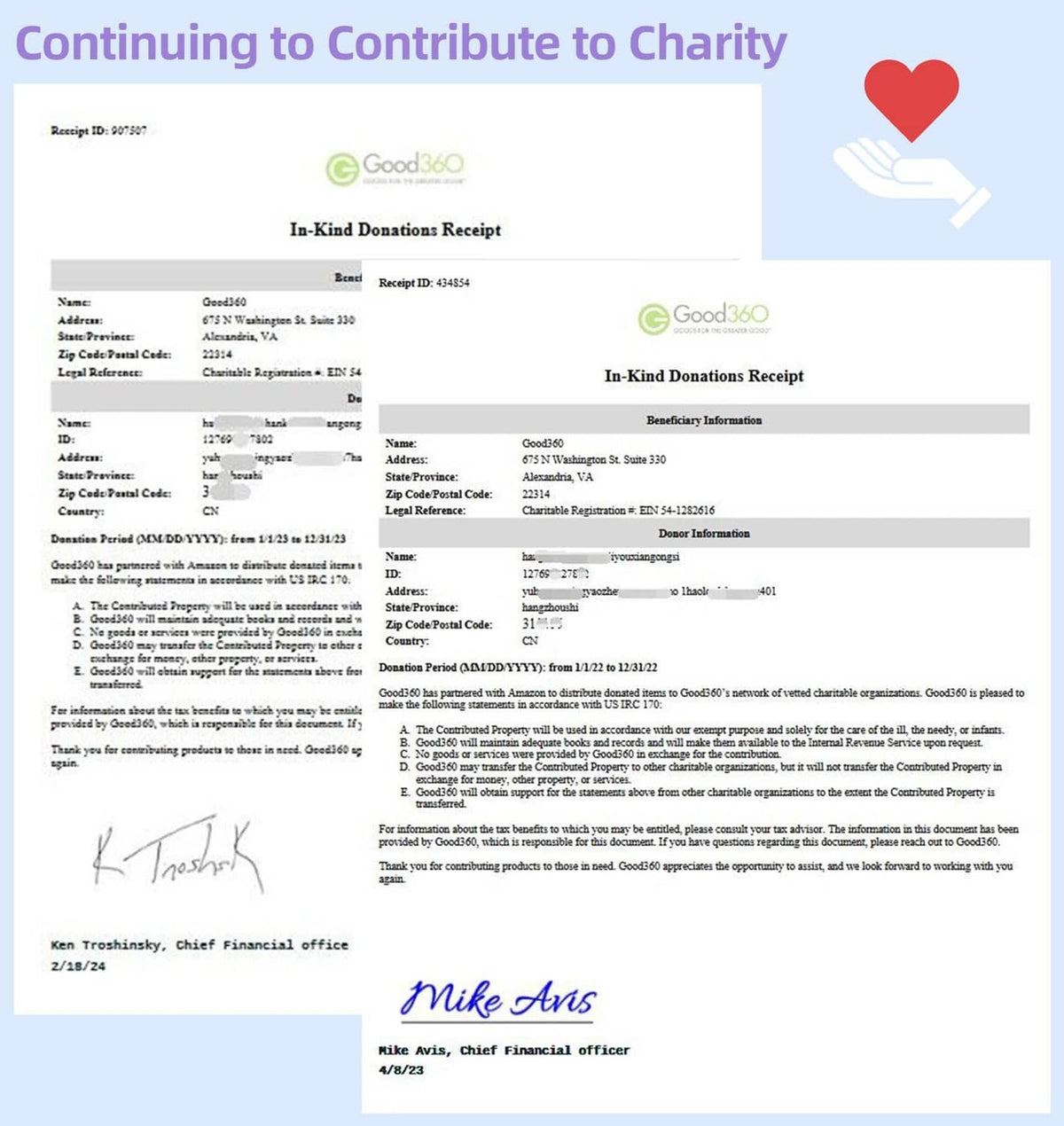 Printed donation receipt document with two in-kind donation pages
