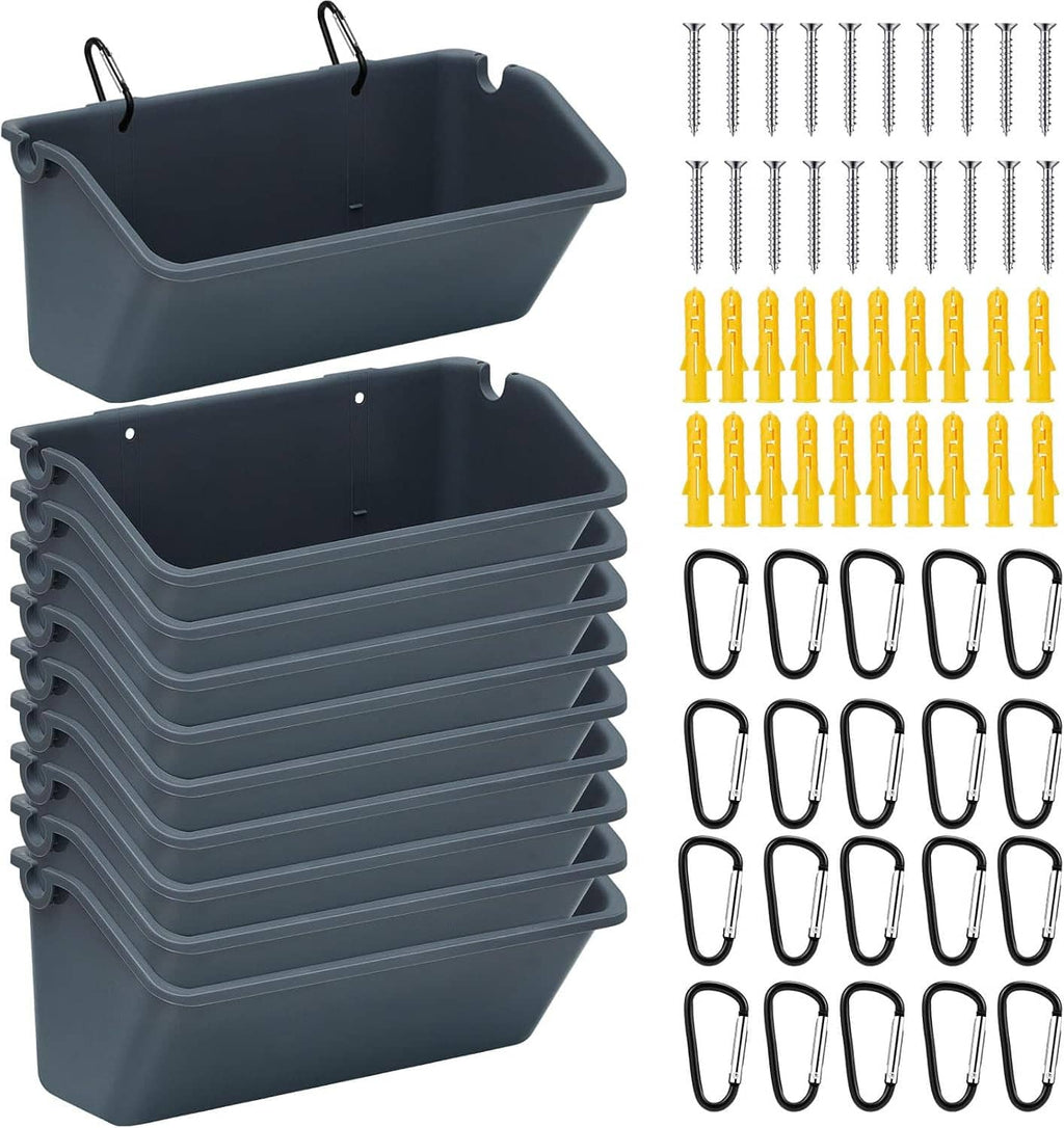 Dark gray hanging feeder trough set with mounting screws, hooks, and carabiners