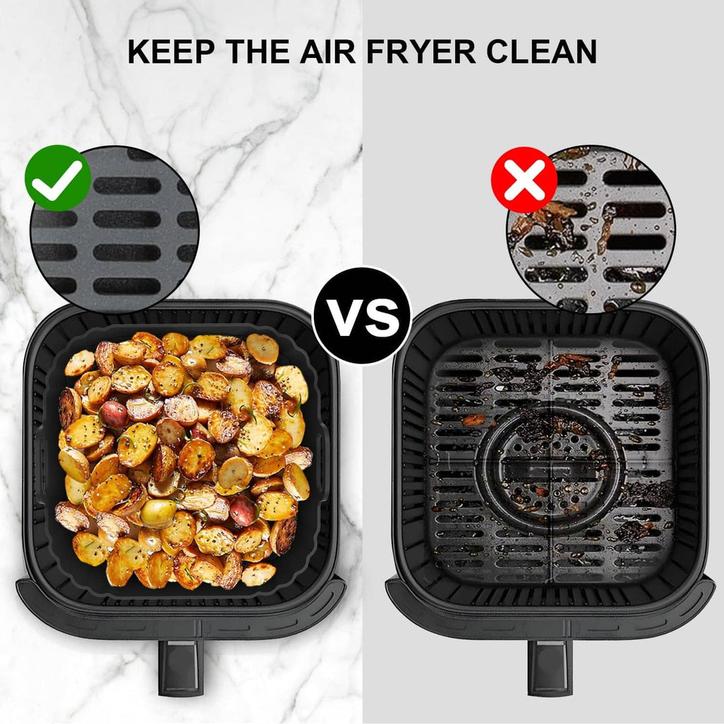 Black silicone air fryer liner for cleaner cooking, shown with food-filled basket