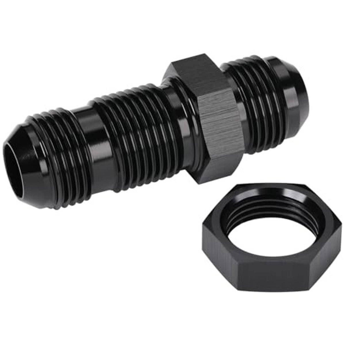 10AN straight flare adapter with hex nut, black anodized finish, side view