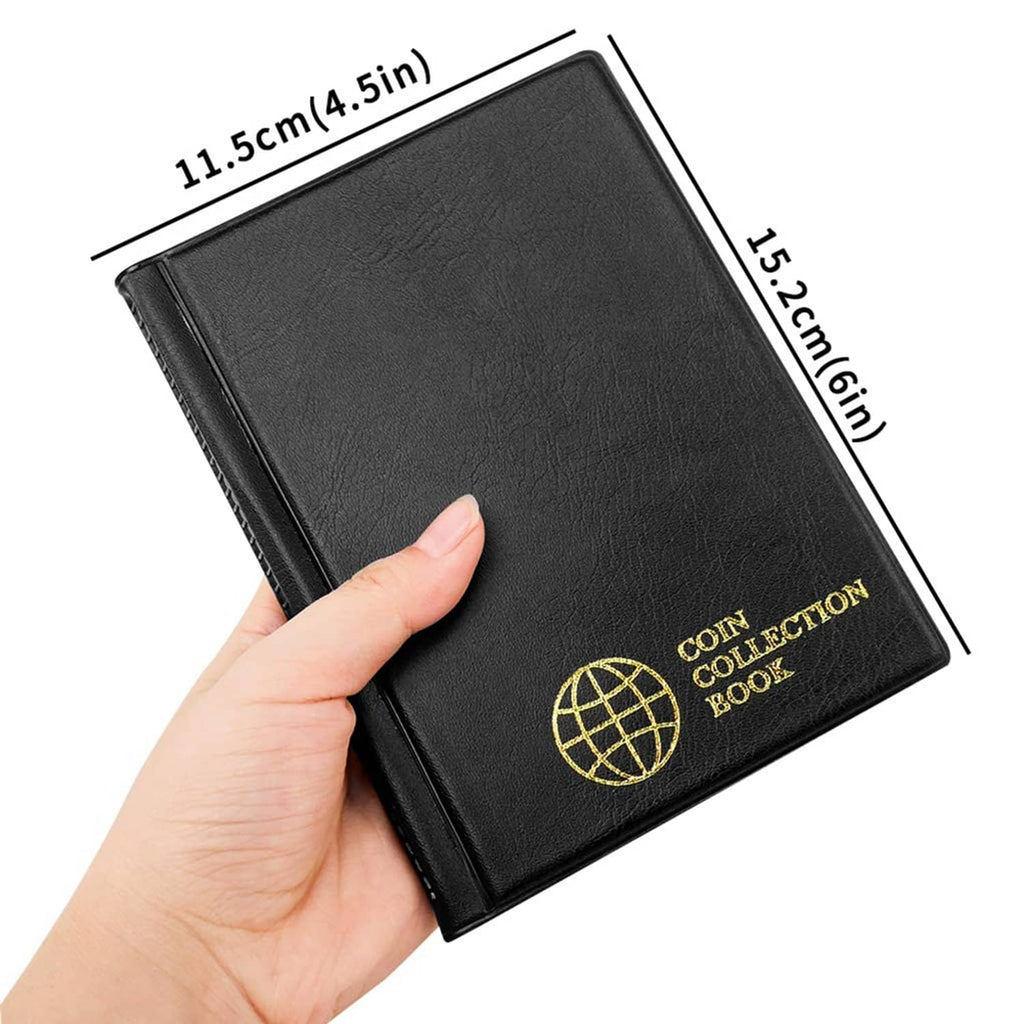 Black coin album cover with gold coin collection book logo, held in hand