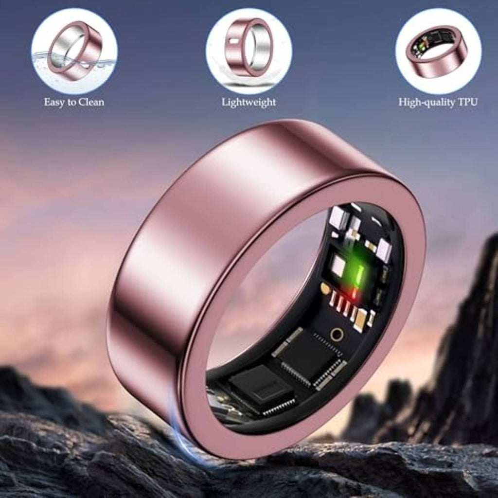 Rose gold ring cover showing inner circuit window and metal band