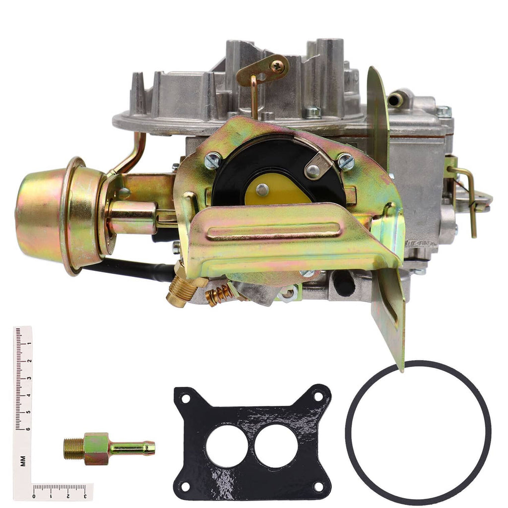 Two-barrel carburetor with chrome-gold cover, hoses, and included black gasket