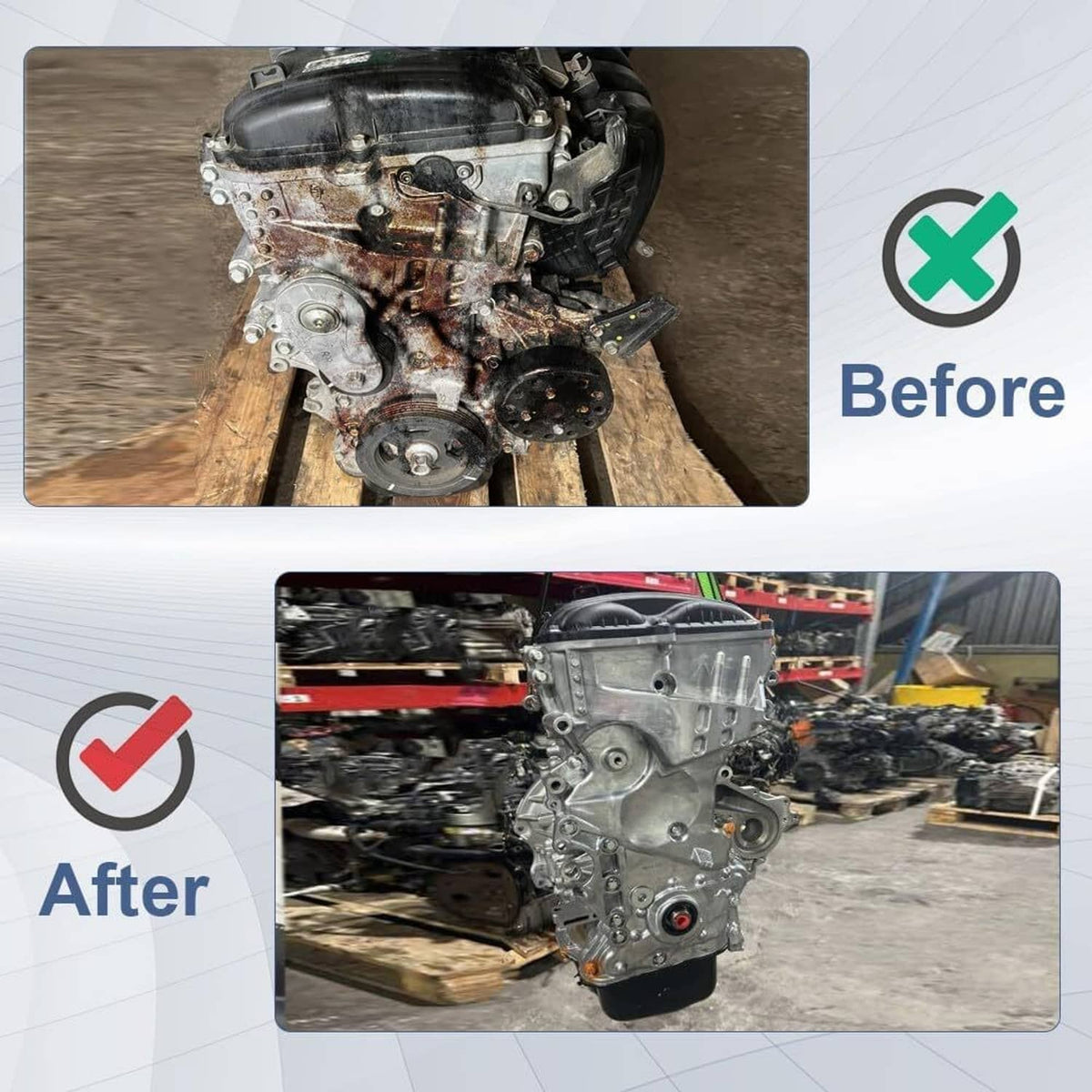 Engine timing chain cover shown on vehicle engine bay in before-and-after view