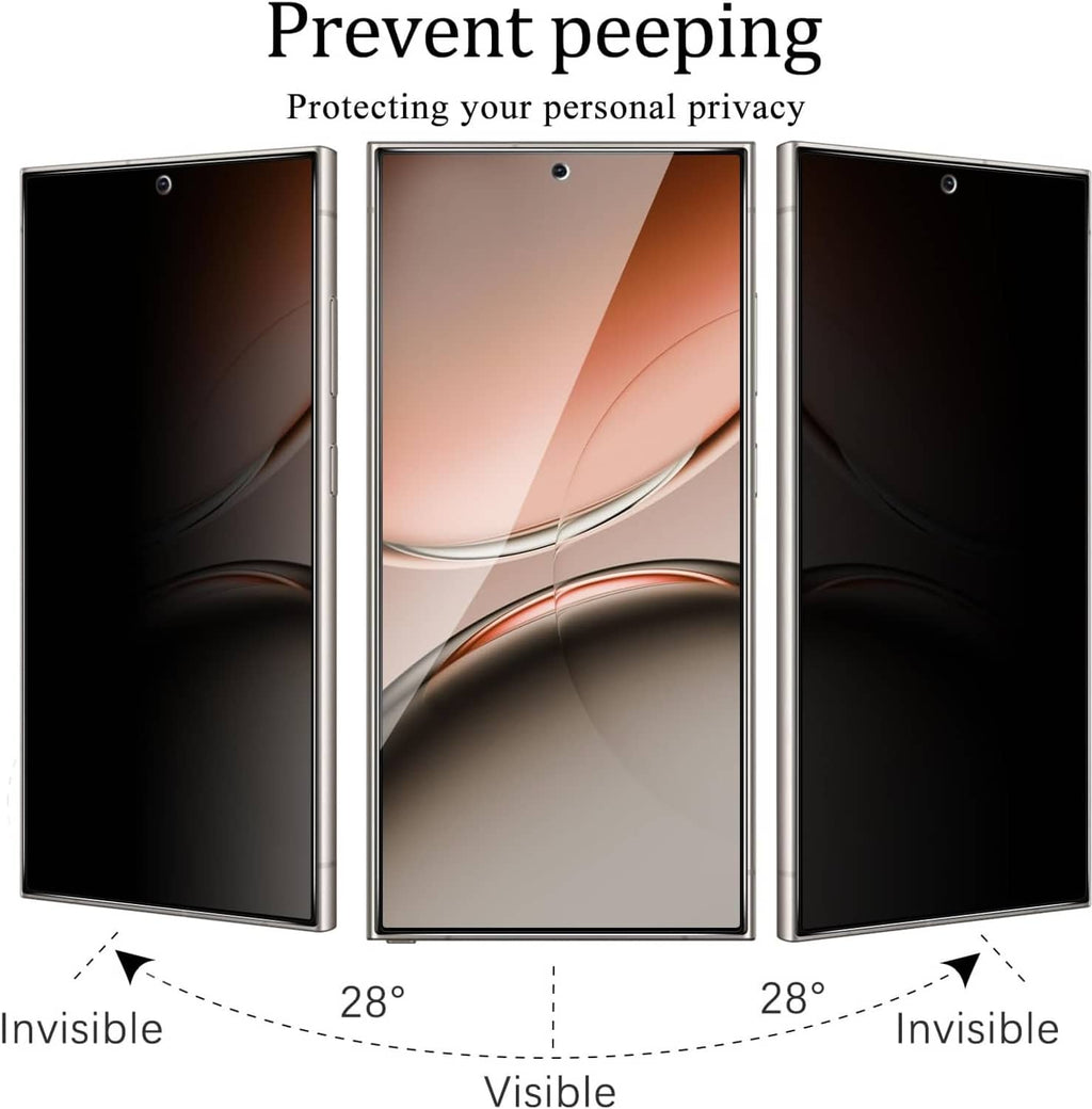 Privacy tempered glass screen protector 2-pack showing visible vs hidden viewing angles