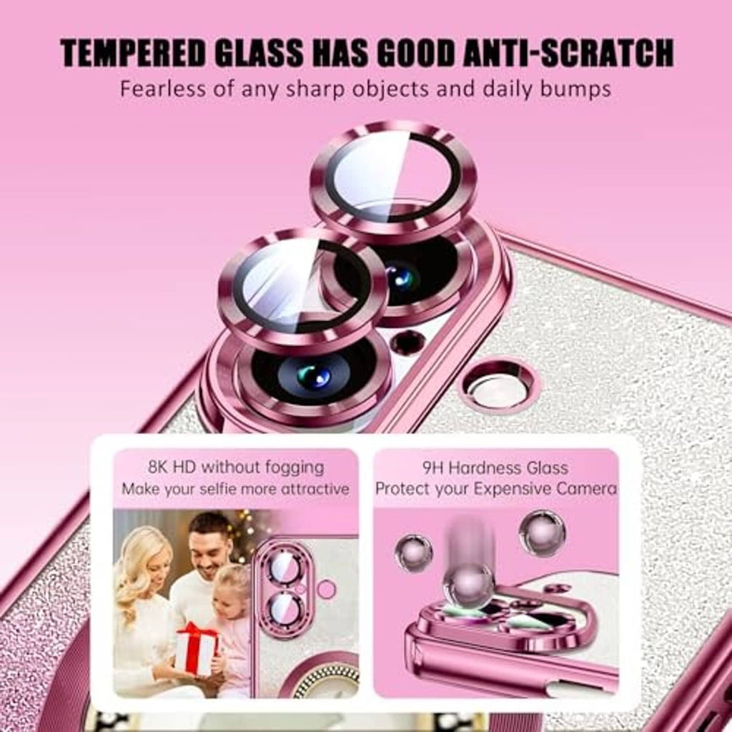 Pink glitter iPhone case with rhinestone magnetic ring and raised camera lens covers