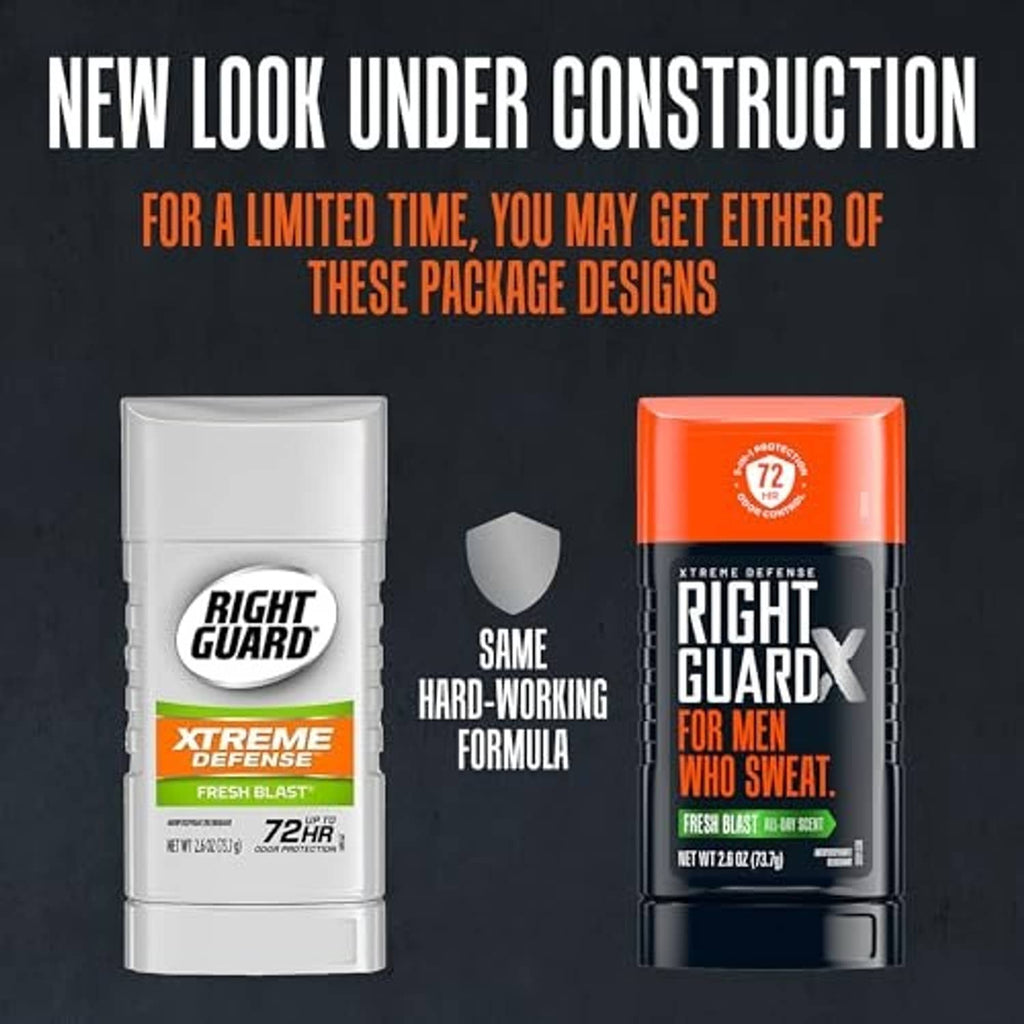 Right Guard antiperspirant stick bottles, white and black designs with orange cap