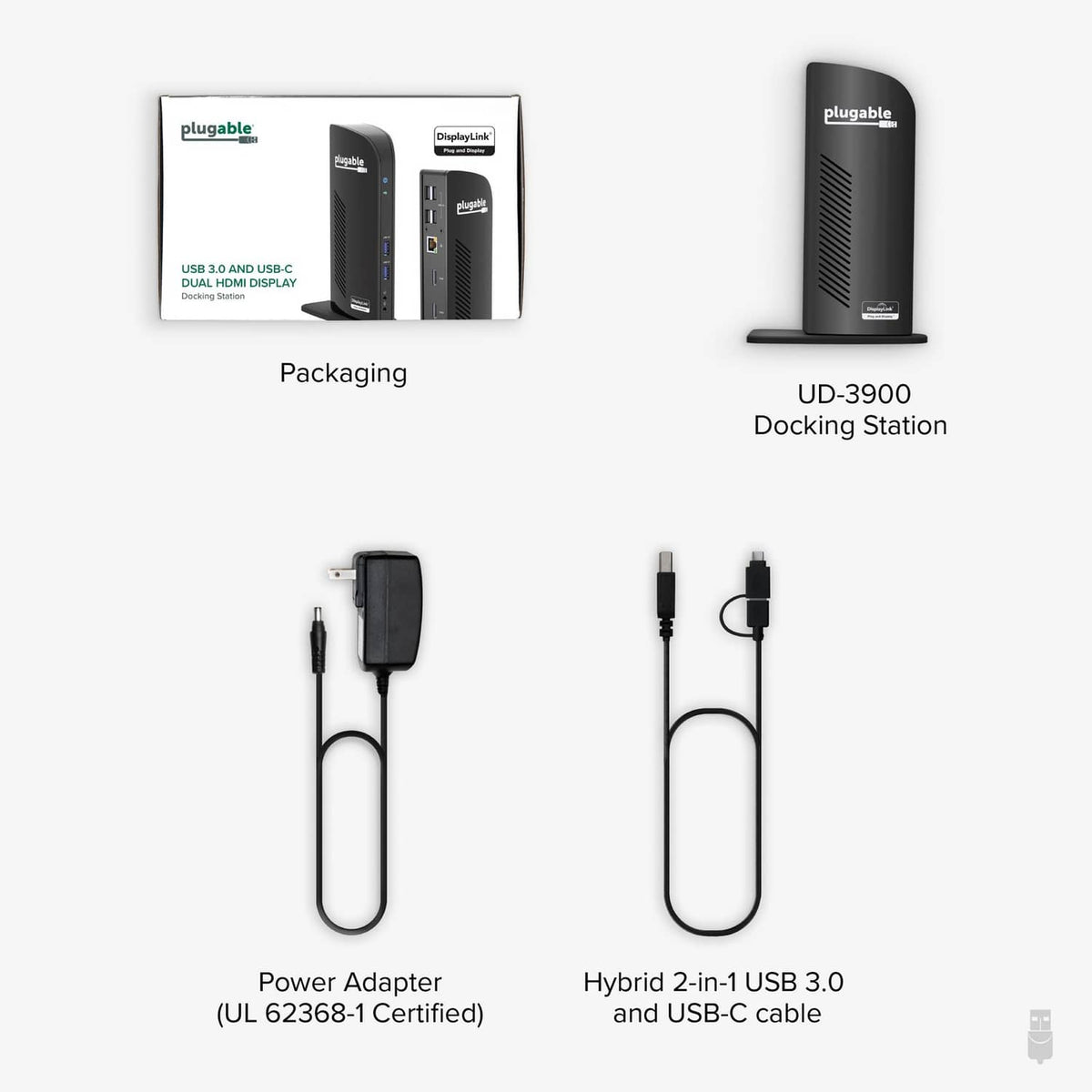 Plugable docking station bundle with packaging, power adapter, and USB-C cable