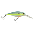 Light green and yellow crankbait fishing lure with red eye and two treble hooks