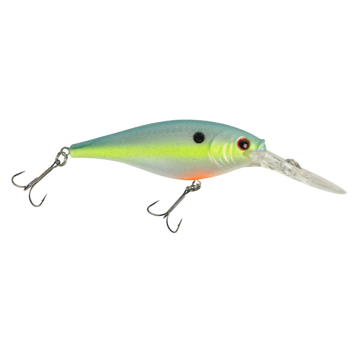 Light green and yellow crankbait fishing lure with red eye and two treble hooks