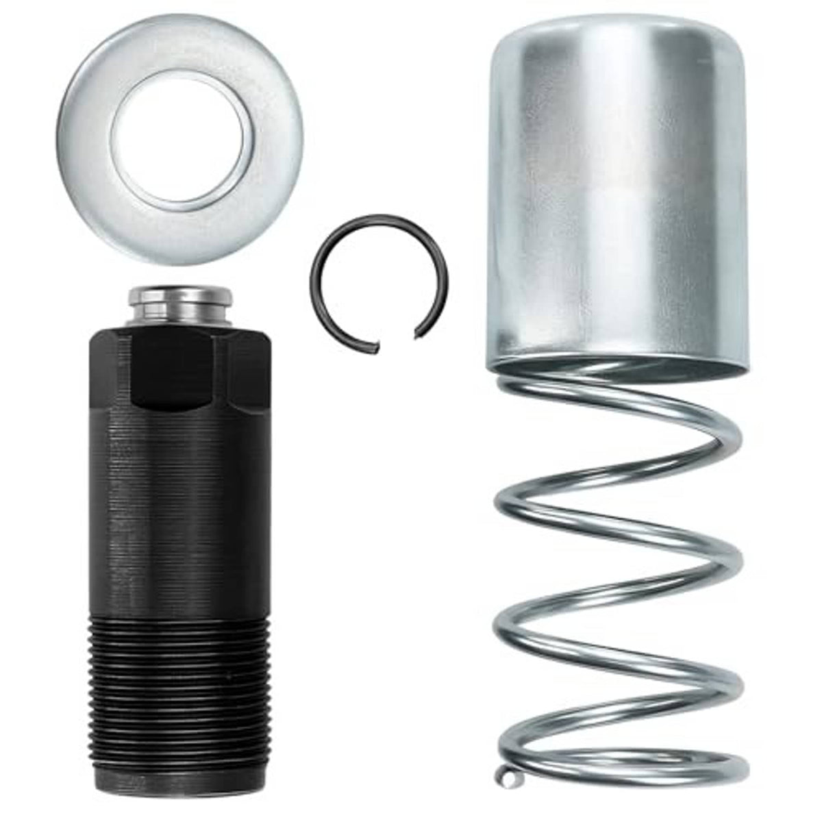 Floor jack pump piston plunger kit with black threaded cylinder, silver piston cup and spring