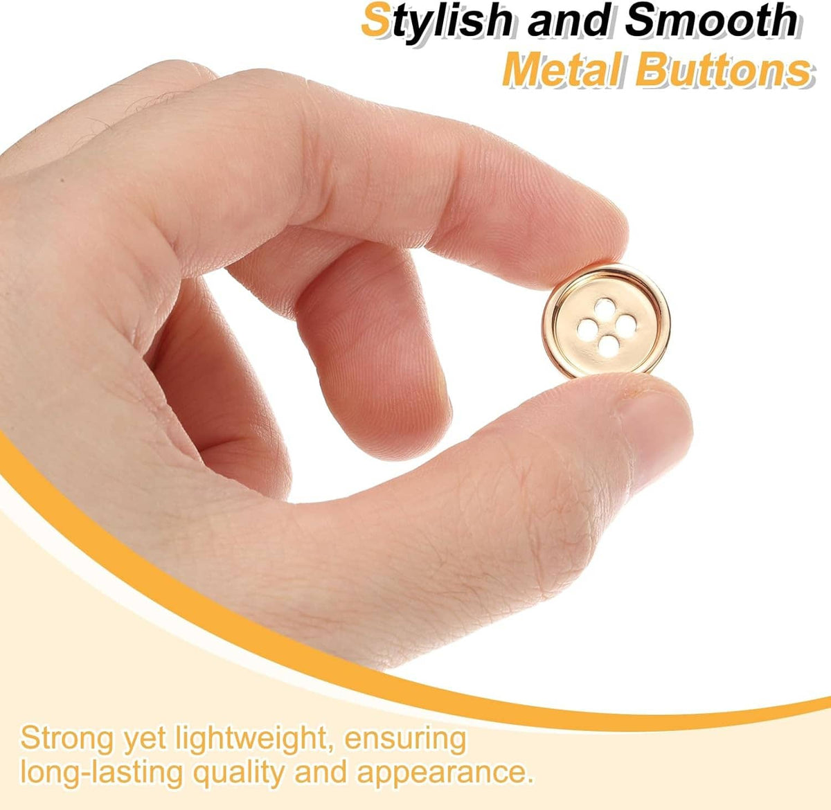 Round 4-hole metal sewing button held in hand, gold-tone, smooth finish