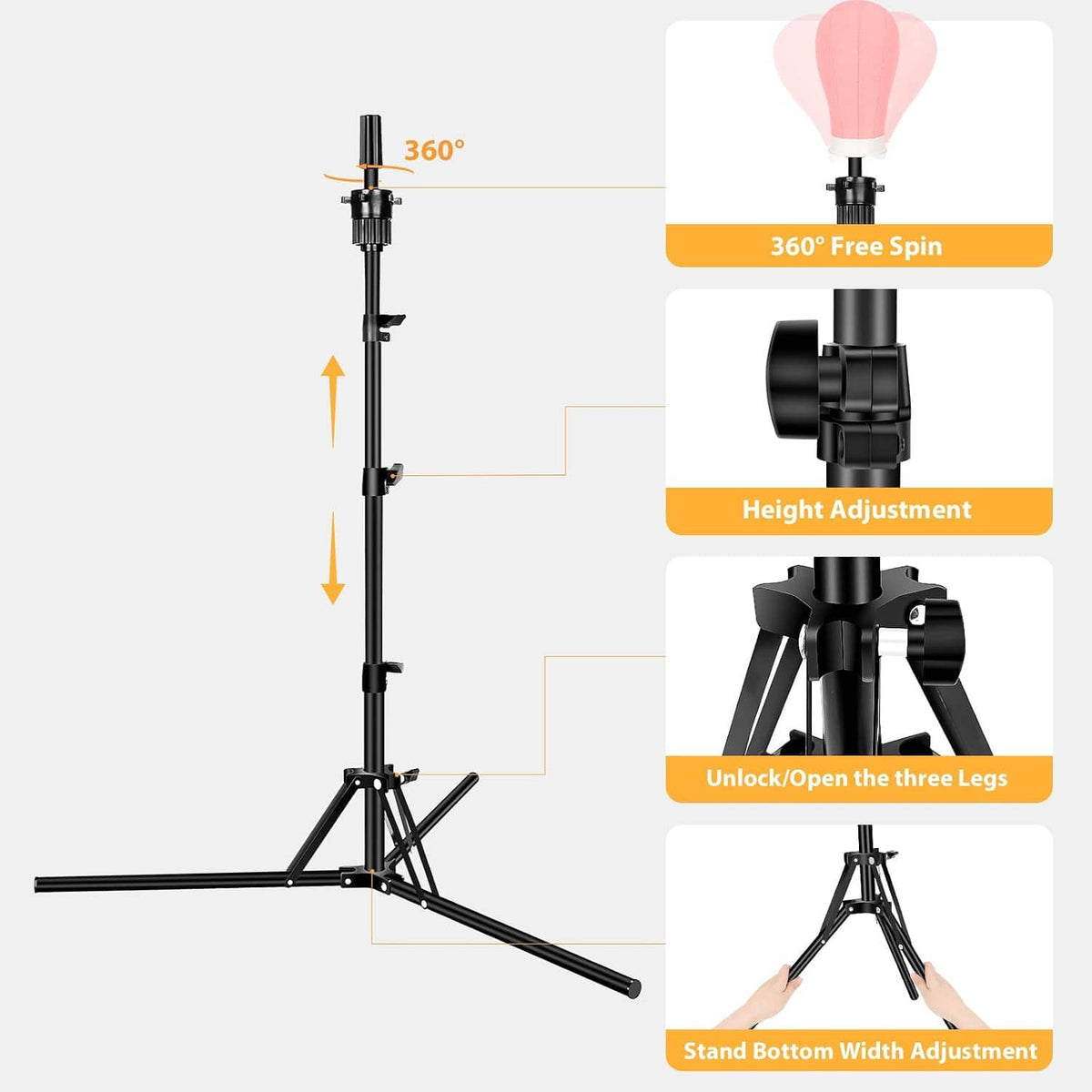 Wig stand tripod with 360° spin head, three-leg base, and height adjustment