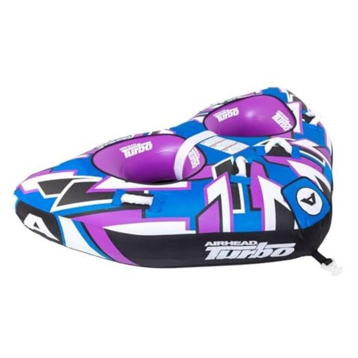 Inflatable towable boat tube in purple, blue, and black with Turbo seats, 2 riders
