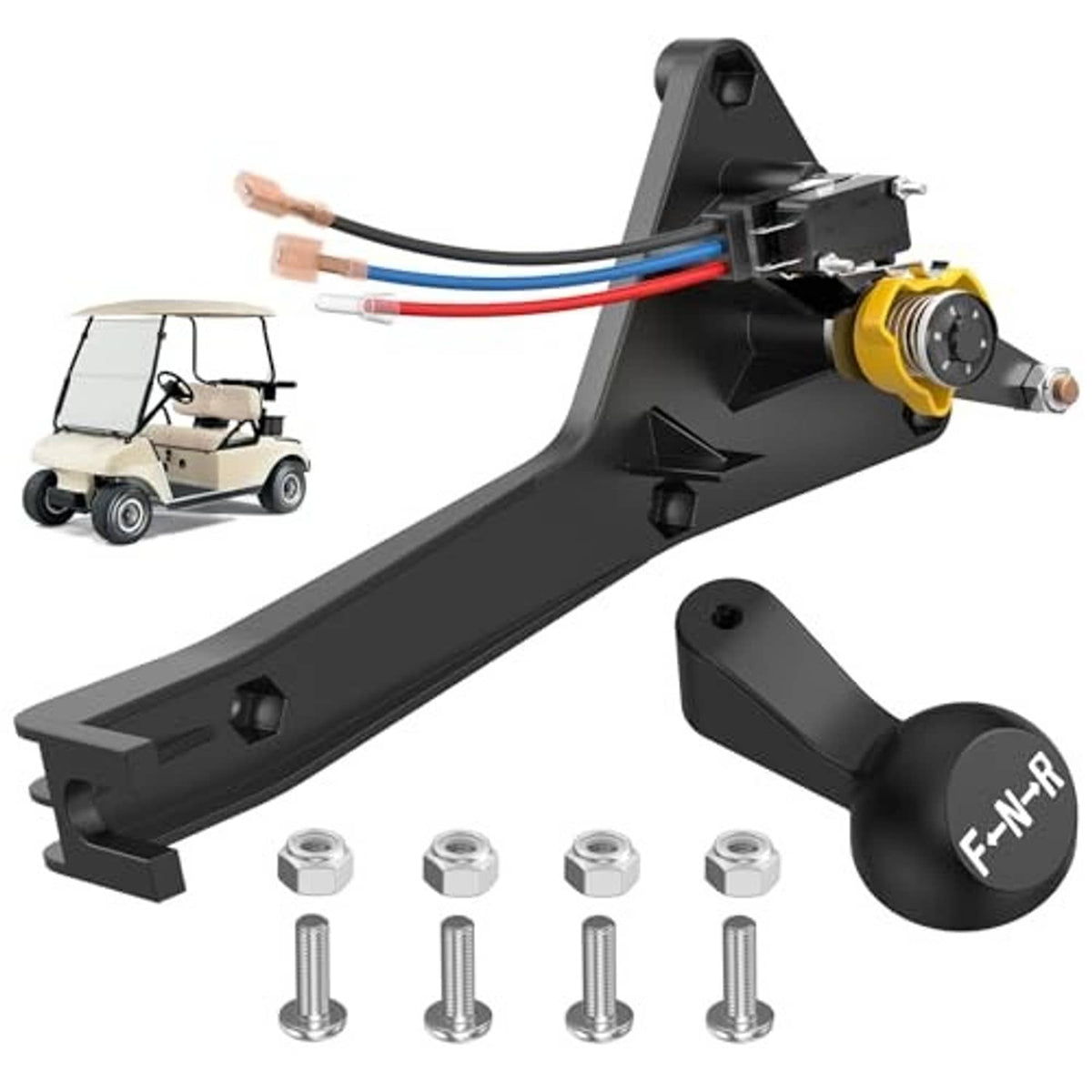 Golf cart forward and reverse shifter assembly with yellow control switch and black lever