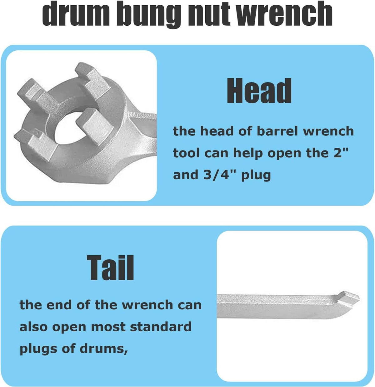 Aluminum drum bung nut wrench with circular head and two-prong grip, long steel handle