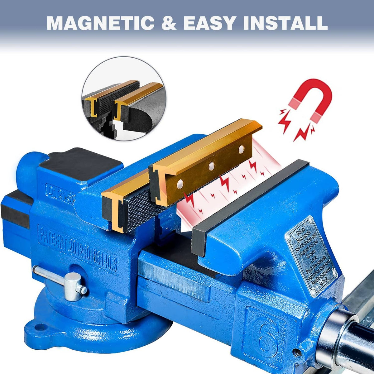 Magnetic easy-install vise jaw pads, golden covers with black textured grip