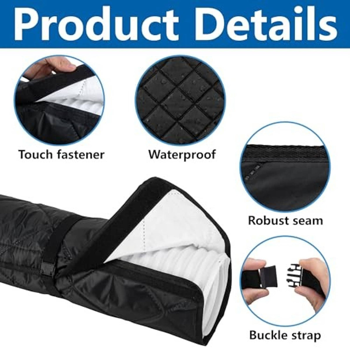 Black quilted AC hose cover with buckle strap, robust seams, hook-and-loop closure