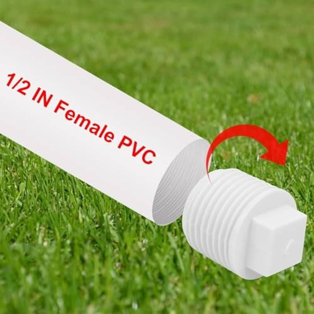 White PVC male thread plug on a pipe end, ridged threads with square tightening head