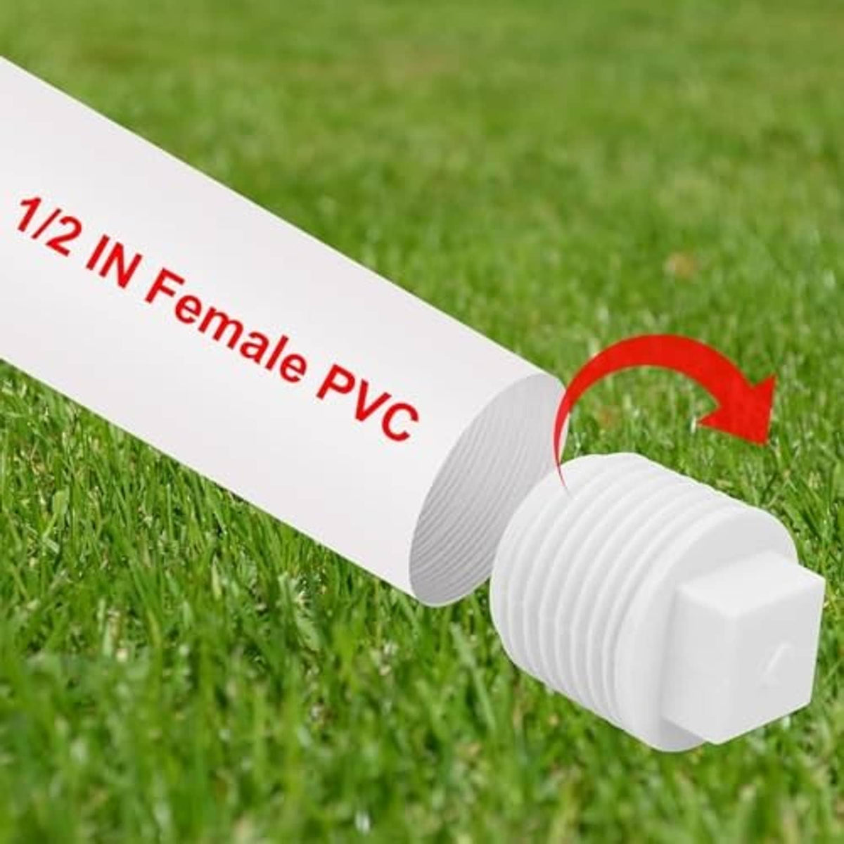 White PVC male thread plug on a pipe end, ridged threads with square tightening head