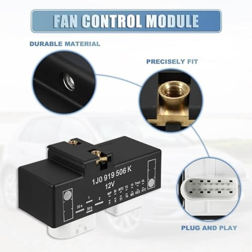 Black fan control module with mounting area and plug connector ports for wiring
