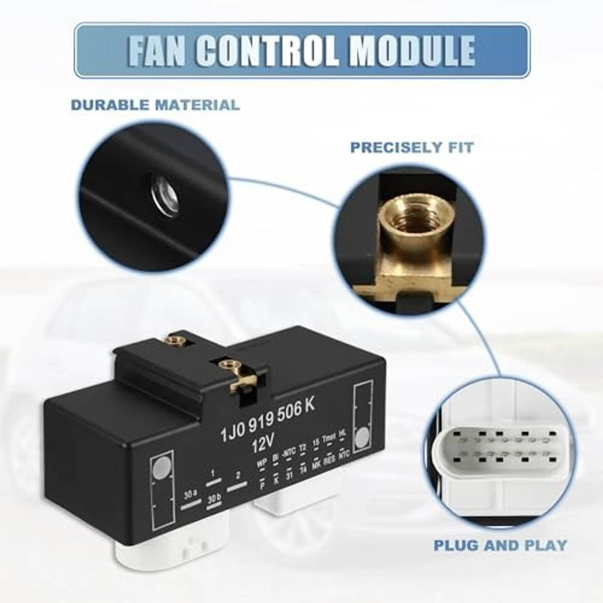 Black fan control module with mounting area and plug connector ports for wiring