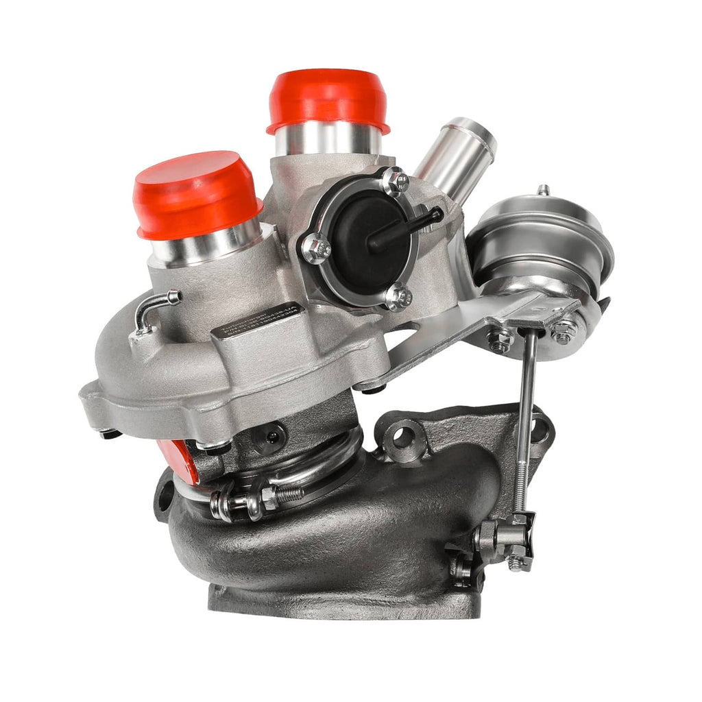 Turbocharger assembly with red silicone caps, silver housing, and intake outlet