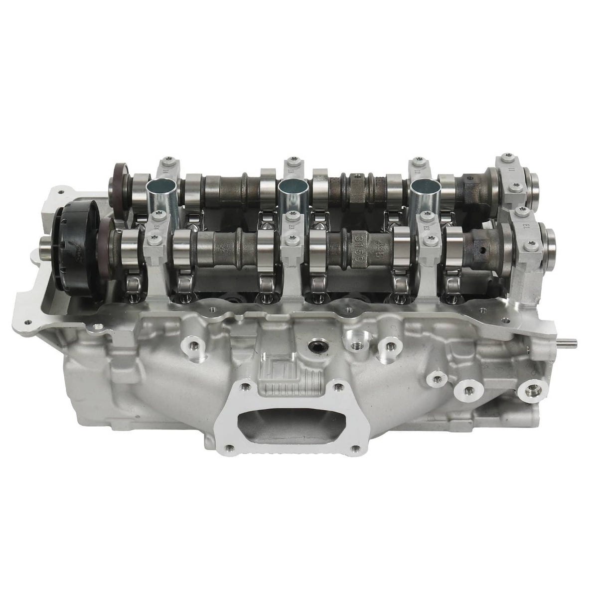 Cylinder head assembly side profile with cam lobes and ports, silver engine component