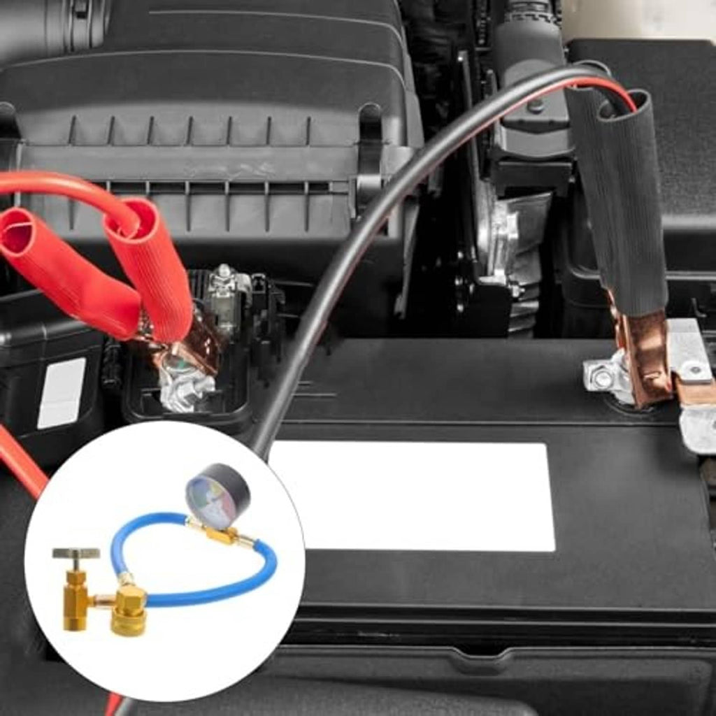 Car A/C system area with connected blue hose and gauge indicator