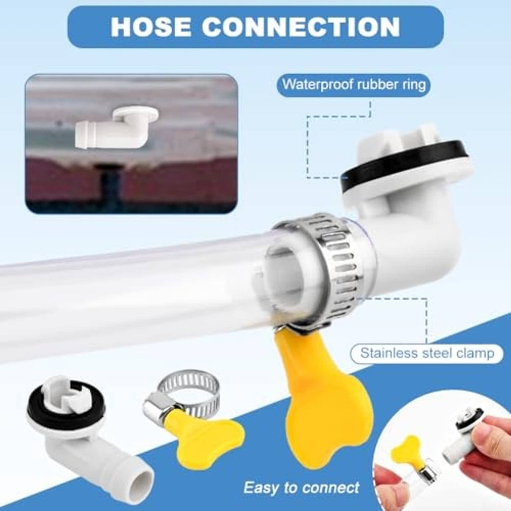 Drain hose connection with white fitting, yellow valve handle, and stainless steel clamp