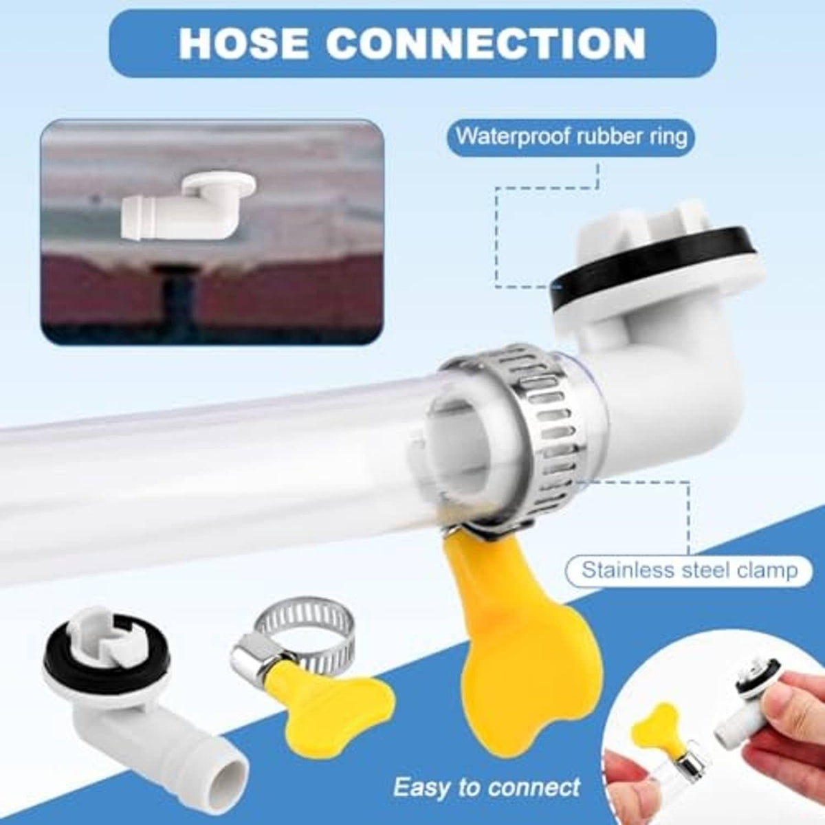 Drain hose connection with white fitting, yellow valve handle, and stainless steel clamp