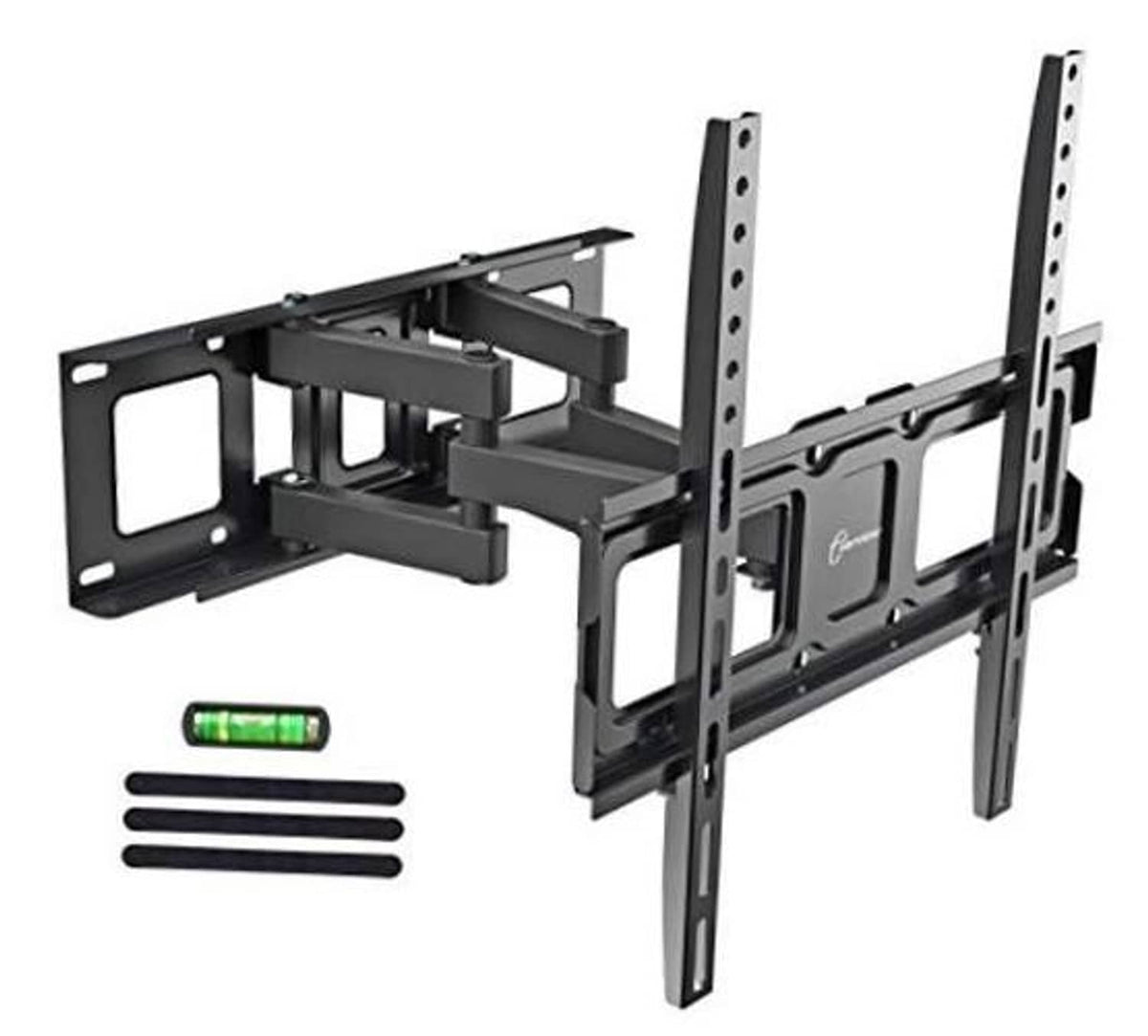 Dual articulating TV wall mount bracket with black steel arms and tilting plate