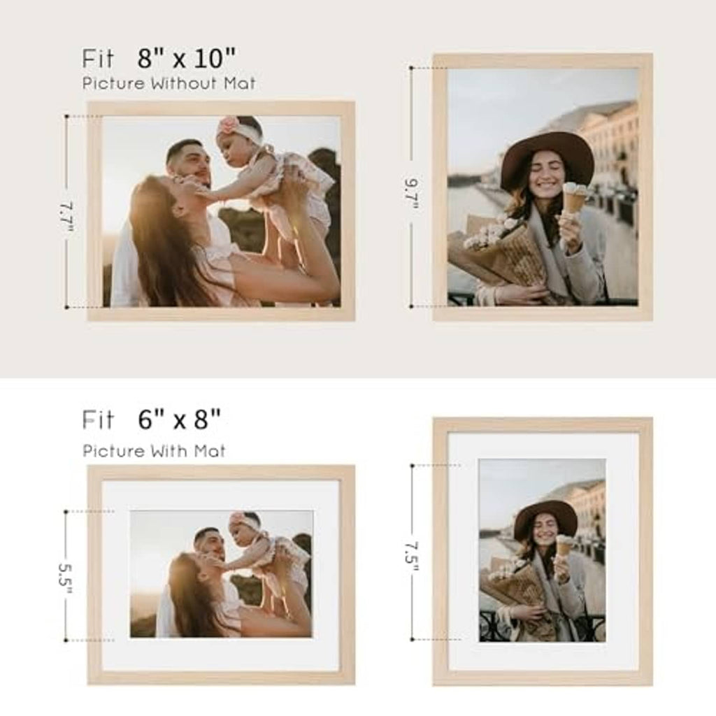 Natural oak wood frame fit guide: 8x10 without mat and 6x8 with mat