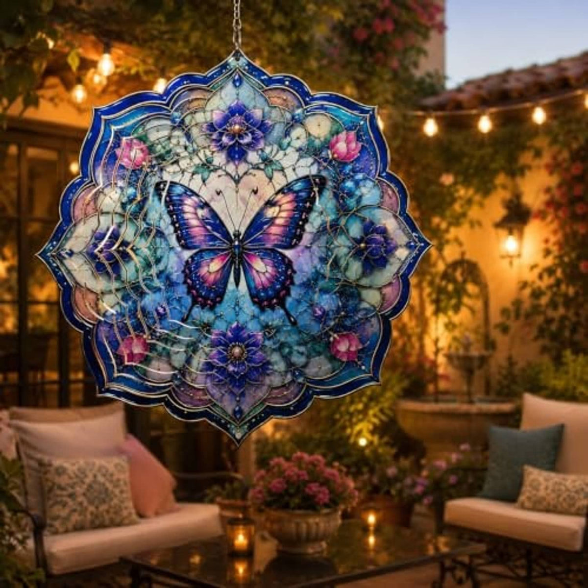 Hanging butterfly wind spinner in purple-blue with layered floral mandala spokes