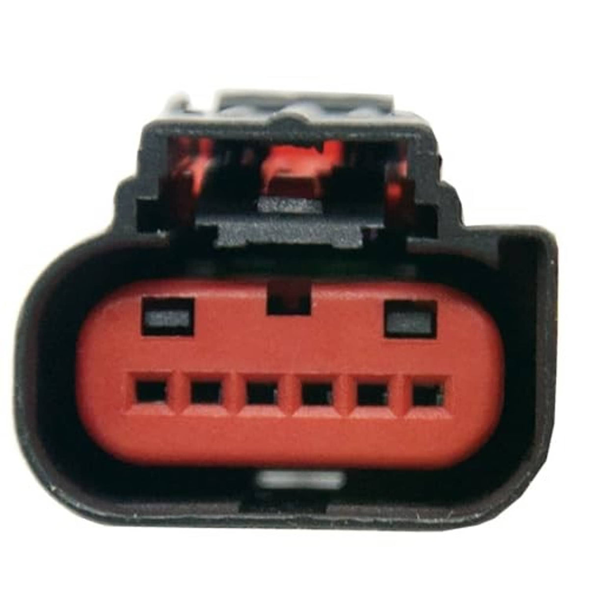 Electronic throttle body connector plug close-up with red terminal insert and black frame