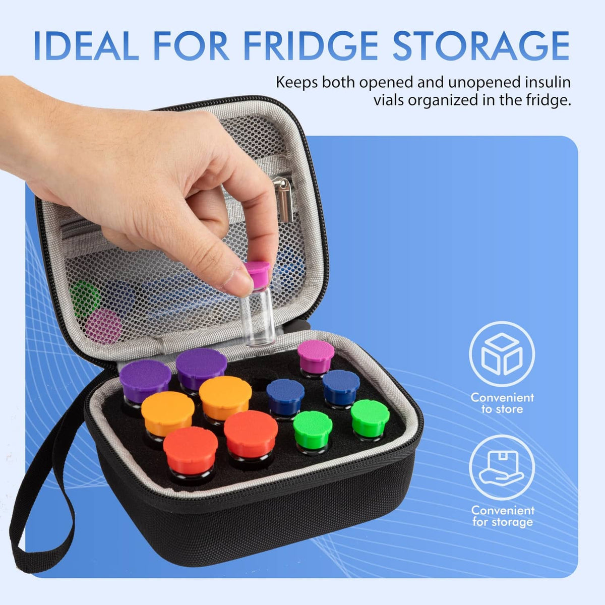 Black 12-slot insulin vial case with organized compartments for fridge storage
