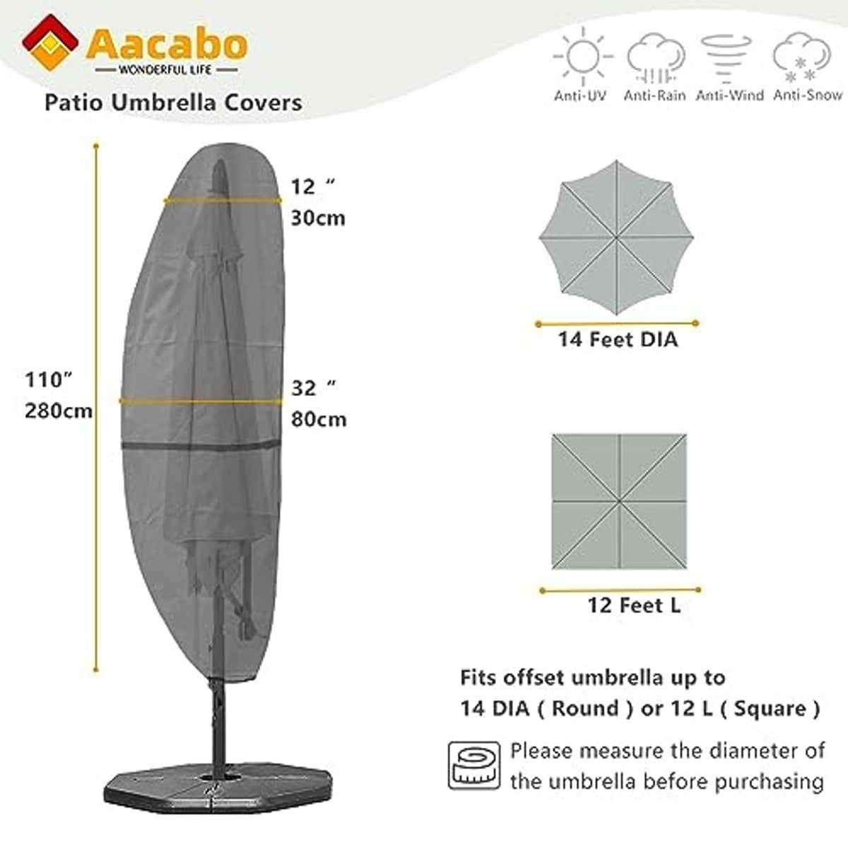 Grey patio umbrella cover for offset cantilever, full-height fitted fabric