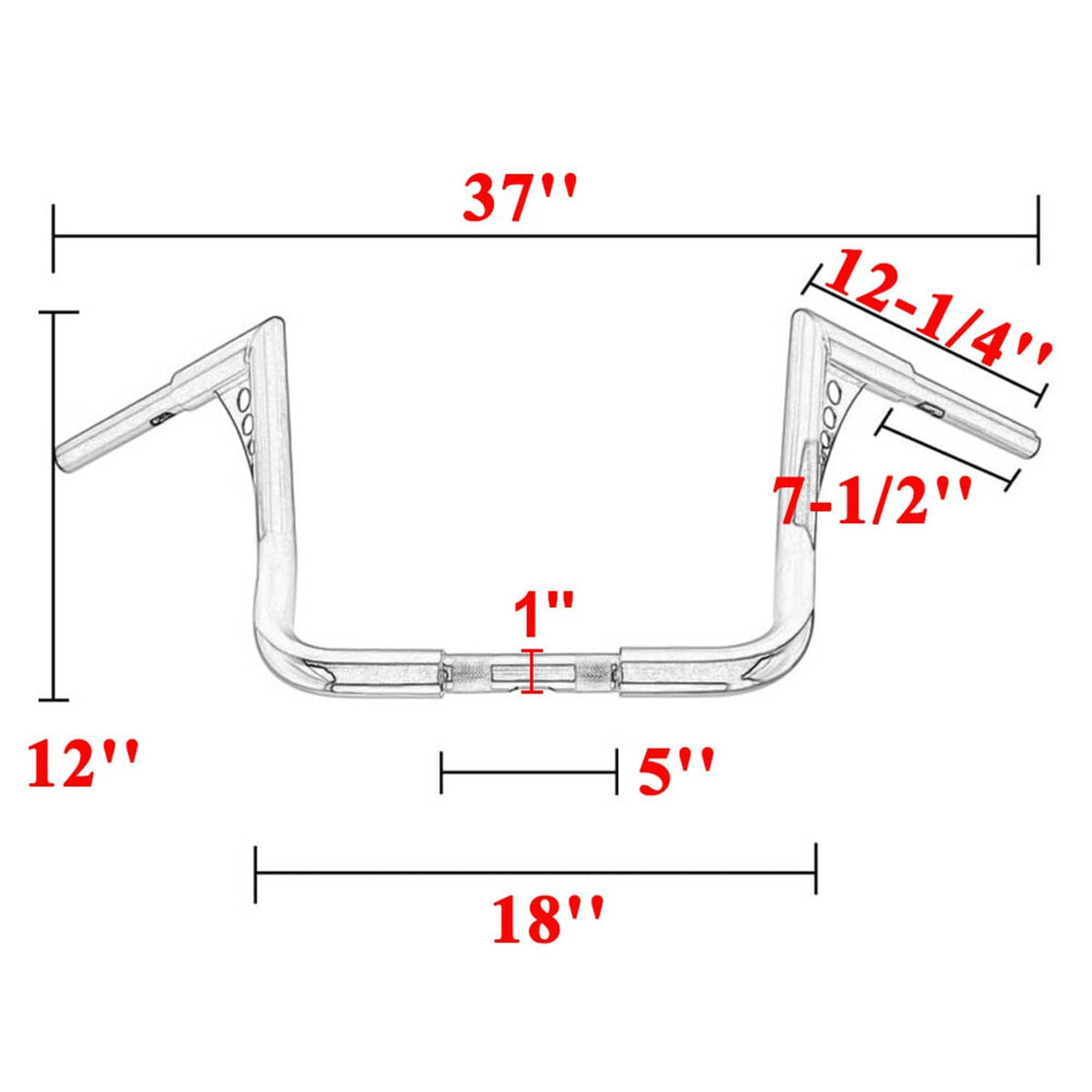 Meathook-style handlebar dimension diagram with chrome finish and drilled mounting