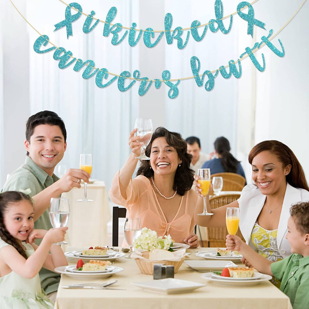 Sky blue glitter hanging banner with 'Kick cancer's' script and ribbon ties