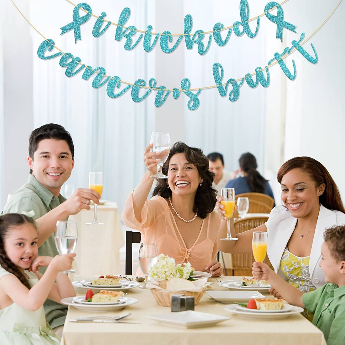 Sky blue glitter hanging banner with 'Kick cancer's' script and ribbon ties