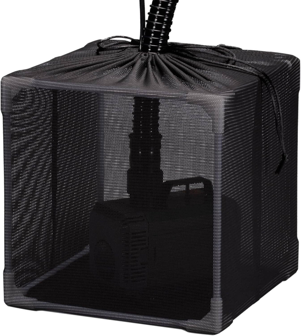 Black mesh pond filter barrier bag basket with drawstring top and pump openings