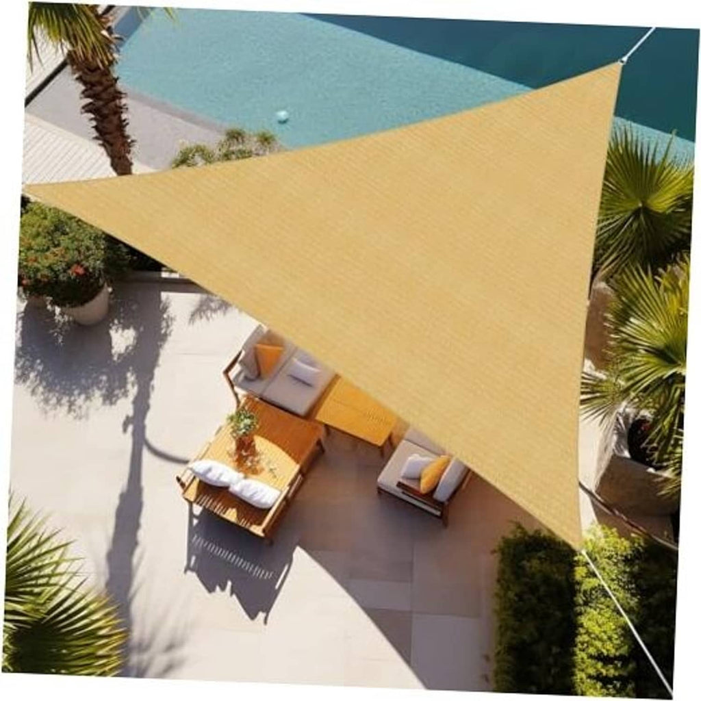 Triangle sun shade sail in sand beige permeable mesh, stretched over patio seating