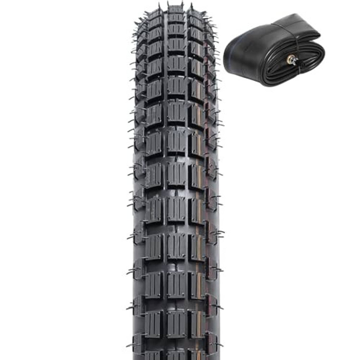 Dirt bike tire with knobby tread and rolled inner tube included