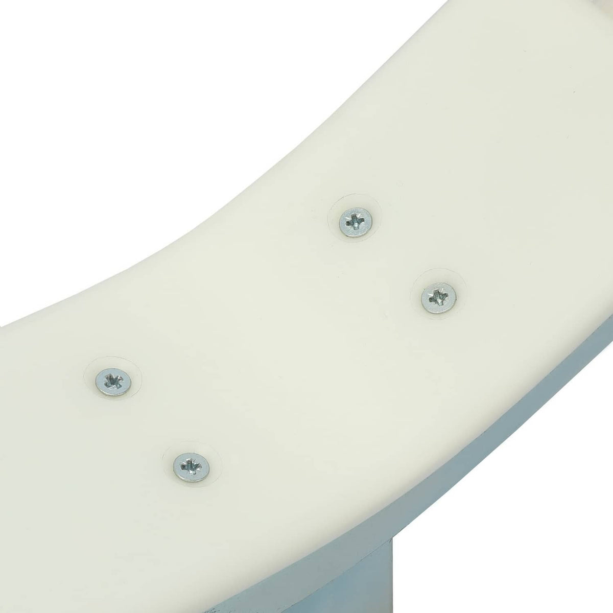 Close-up of white PVC mounting plate with four screws on trailer guide bracket