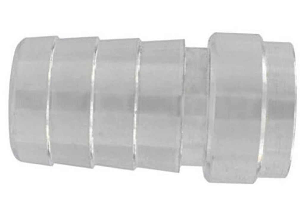 Aluminum weld barb hose fitting with barbed ends and ribbed collars, silver finish